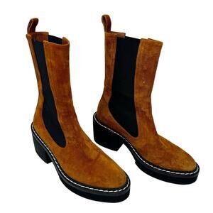 Khaite The Calgary Suede Chelsea Boots EU 38 US 8 Cognac Brown White Stitching